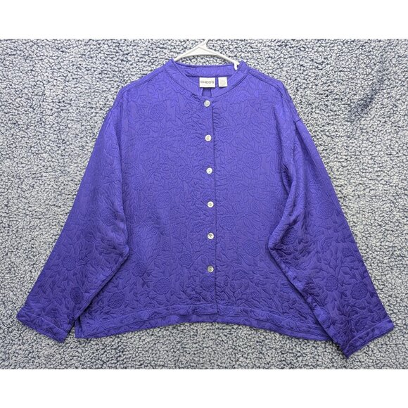 Chicos Quilted Button Up Shacket Womens XL (3) Floral Silk Blend Boho Purple - Picture 1 of 10